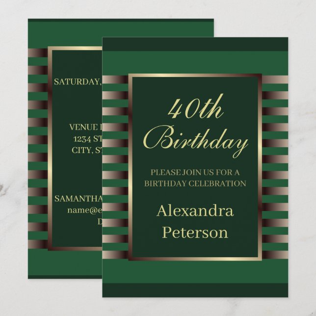 Chic Emerald Green Gold Stripes Geometric Geburtst Einladung (Vorne/Hinten)