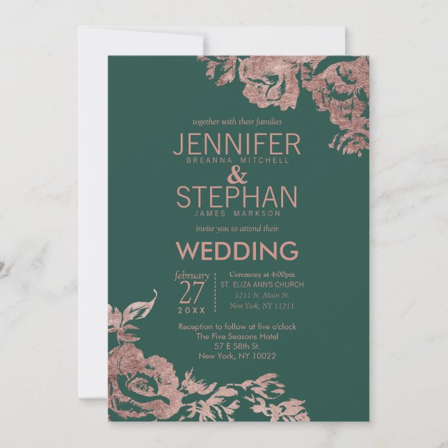 Chic Emerald Green Rose Gold Floral Wedding Einladung (Vorderseite)