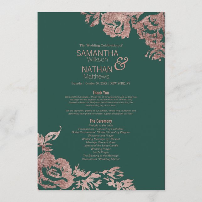 Chic Emerald Green Rose Gold Floral Wedding Programm (Vorderseite)