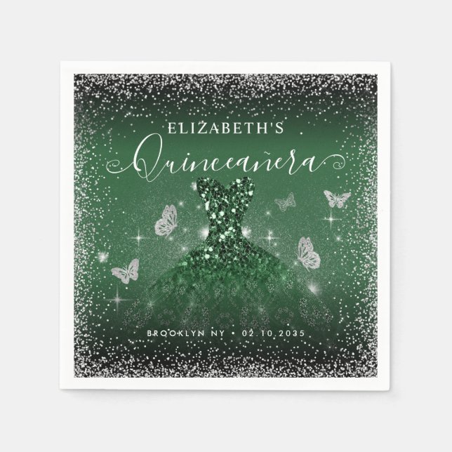 Chic Emerald Green Silver Glitzer Gown Quinceañera Serviette (Vorderseite)