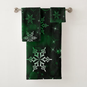Chic Emerald Green Snowflake Motif Badhandtuch Set