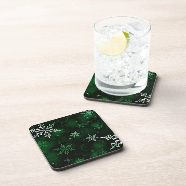 Chic Emerald Green Snowflake Motif Getränkeuntersetzer (Rechte Seite)