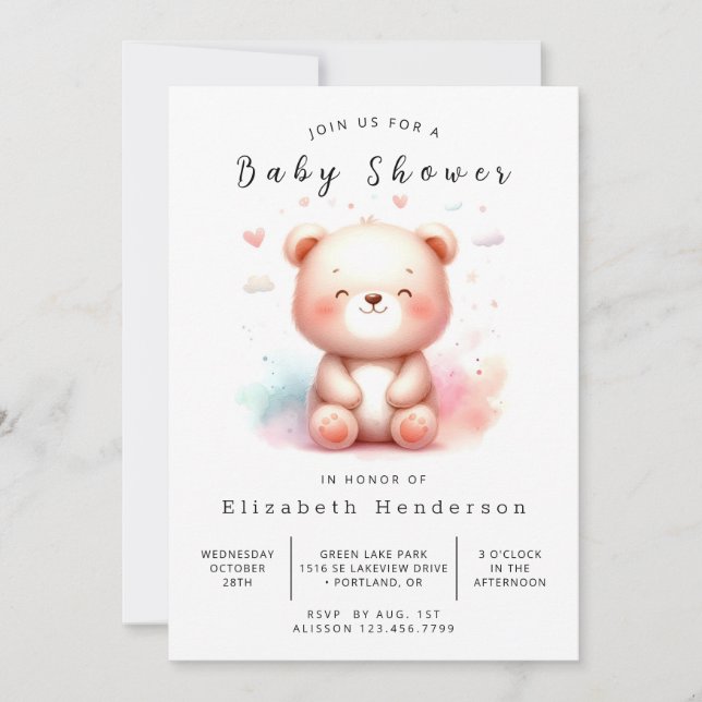 Chic Enchanted Bear Baby Shower Einladung (Vorderseite)