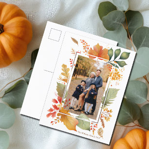 Chic Erntedank Family Foto Fall Leaf Border Feiertagspostkarte