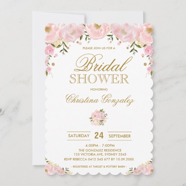 Chic erröten rosa Gold, das BlumenBrautparty Einladung (Vorderseite)