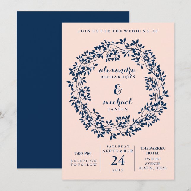 Chic erröten und Marine-botanische Kranz-Hochzeit Einladung (Vorne/Hinten)