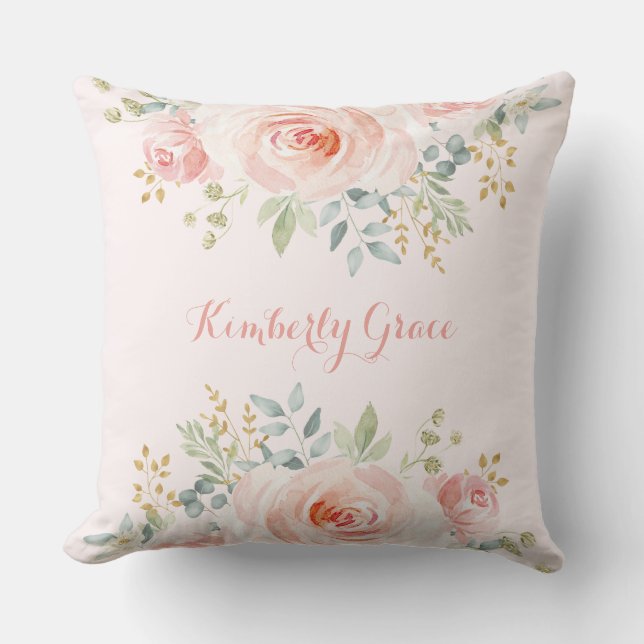 Chic erröten Watercolor-Rose Boho Kissen (Vorderseite)