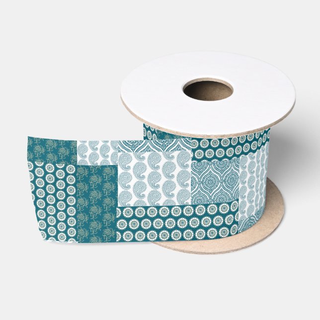 Chic Ethnic Imitats Patchwork Pattern, Aquamarin u Satinband (Spule)
