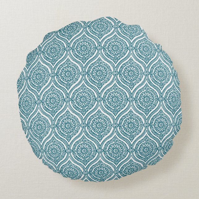Chic Ethnic Ogee Muster Aquamarin Rundes Kissen (Rückseite)
