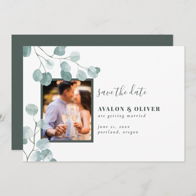 Chic Eucalyptus Foto Save The Date (Vorne/Hinten)