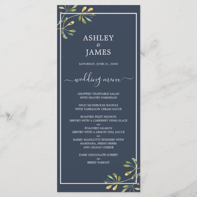 Chic Eucalyptus Green Navy Blue Botanical Wedding Menükarte (Vorderseite)