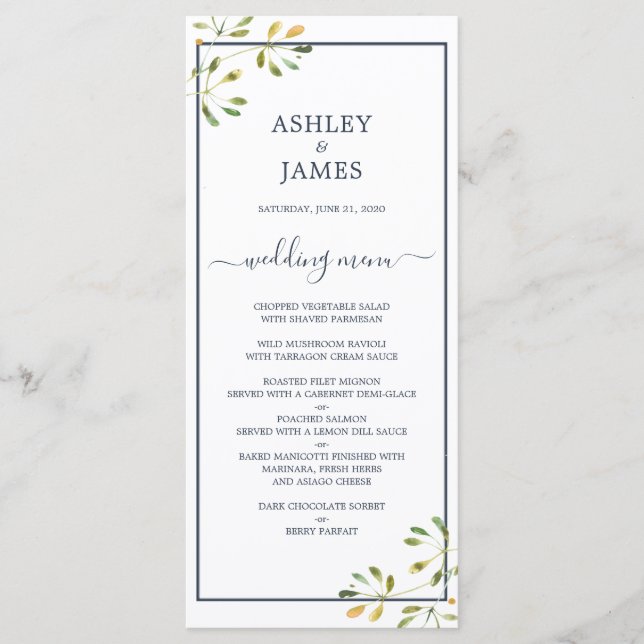 Chic Eucalyptus Green Navy Blue Botanical Wedding Menükarte (Vorderseite)