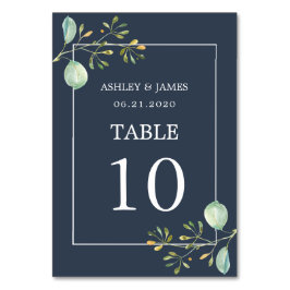 Chic Eucalyptus Green Navy Blue Botanical Wedding Tischnummer