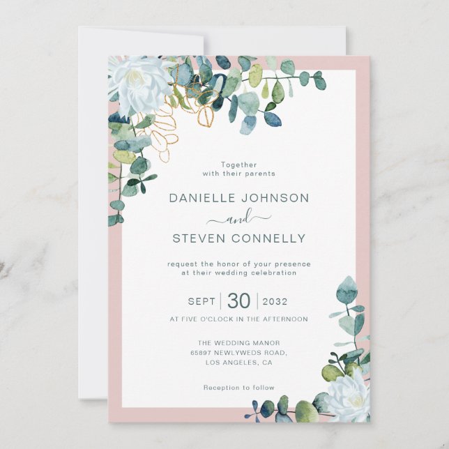 Chic eucalyptus greenery white flowers wedding einladung (Vorderseite)