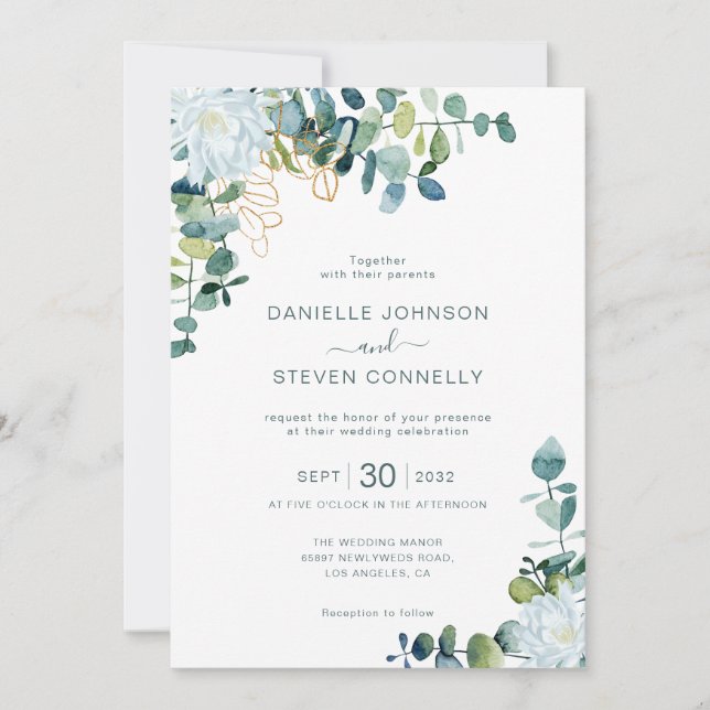 Chic eucalyptus greenery white flowers wedding einladung (Vorderseite)
