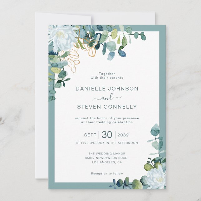 Chic eucalyptus greenery white flowers wedding einladung (Vorderseite)