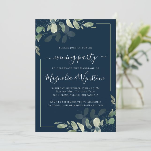 Chic Eucalyptus Navy Blue Wedding Reception Einladung (Stehend Vorderseite)