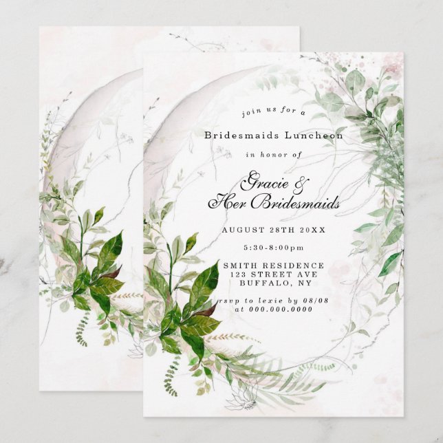 Chic Eucalyptus Pink Bridesmaids Luncheon Invites (Vorne/Hinten)