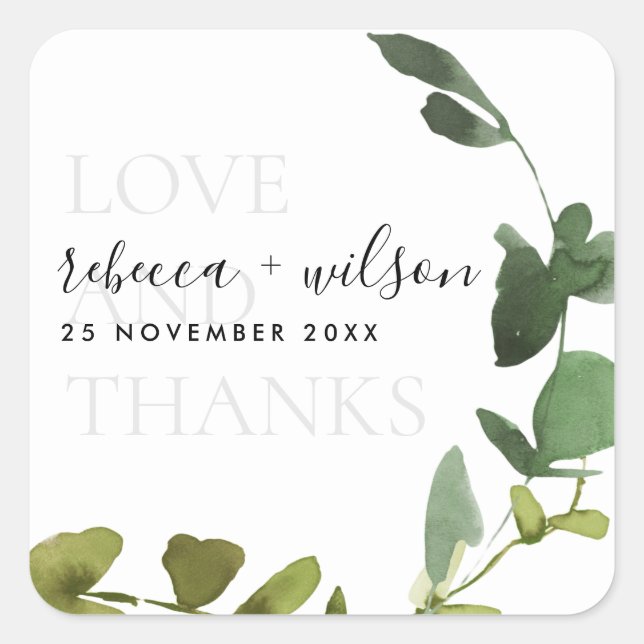 CHIC EUCALYPTUS WATERCOLOR LIEBE UND DANKE WEDEN QUADRATISCHER AUFKLEBER (Vorderseite)