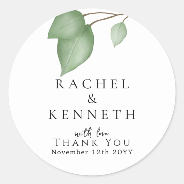 Chic Eukalyptus Black & White Minimalistisch Weddi Runder Aufkleber (Vorderseite)