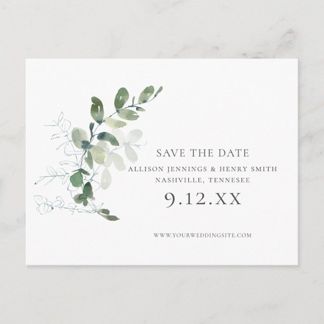 Chic Eukalyptus Greenerity Wedding Save the Date Ankündigungspostkarte (Vorderseite)