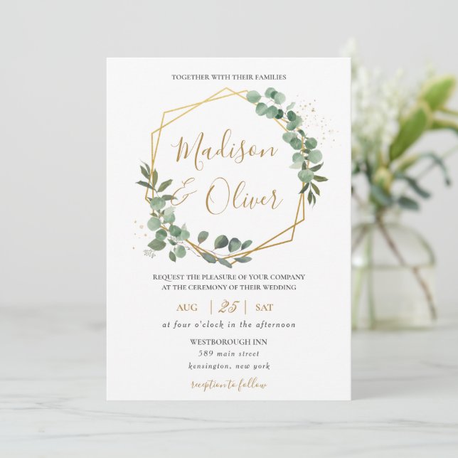 Chic Eukalyptus Greenery Gold Geometric Wedding Einladung (Stehend Vorderseite)