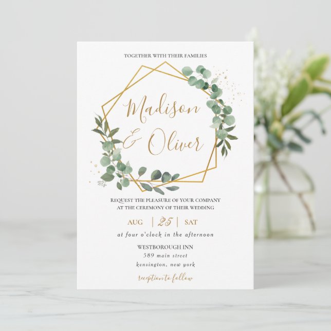 Chic Eukalyptus Greenery Gold Geometric Wedding Einladung (Stehend Vorderseite)