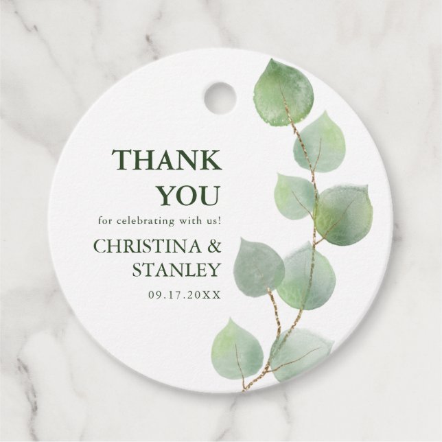 Chic Eukalyptus Greenery & Gold Vielen Dank Geschenkanhänger (Vorderseite)