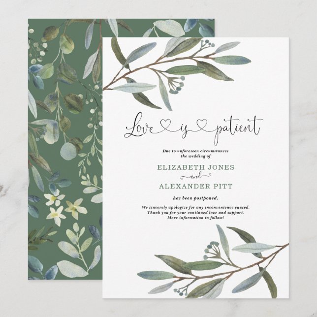 Chic Eukalyptus Greenery Liebe ist geduldige Hochz Einladung (Vorne/Hinten)