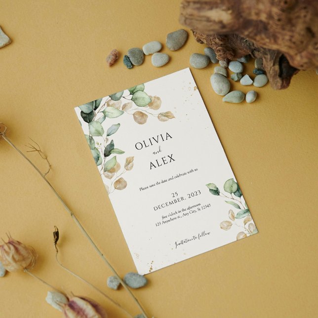 Chic Eukalyptus Greenery mit Golddetails Hochzeit Save The Date (Von Creator hochgeladen)