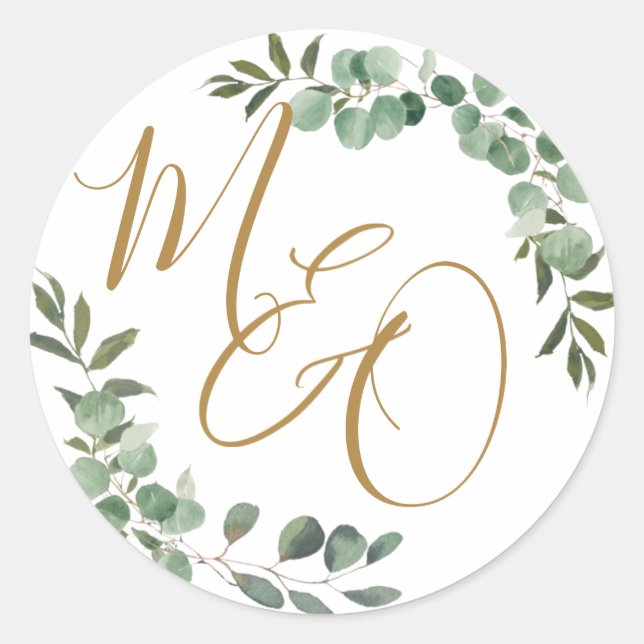 Chic Eukalyptus Greenery Wedding Initials Bevorzug Runder Aufkleber (Vorderseite)