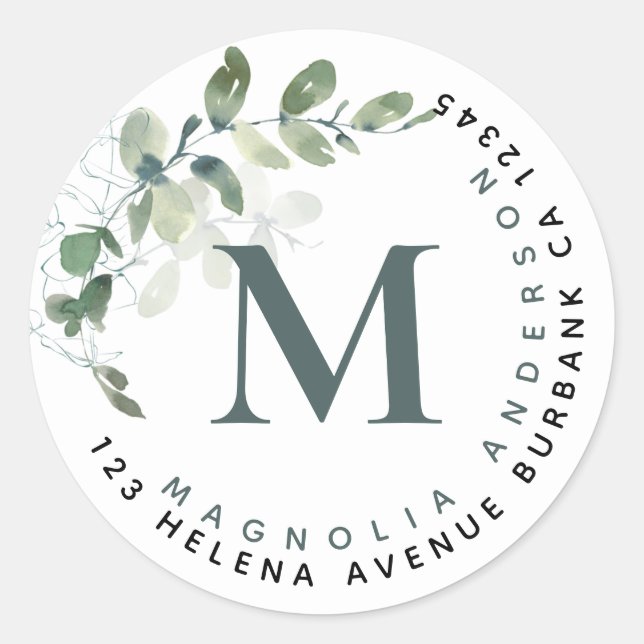Chic Eukalyptus Monogram Rücksendeadresse Runder Aufkleber (Vorderseite)