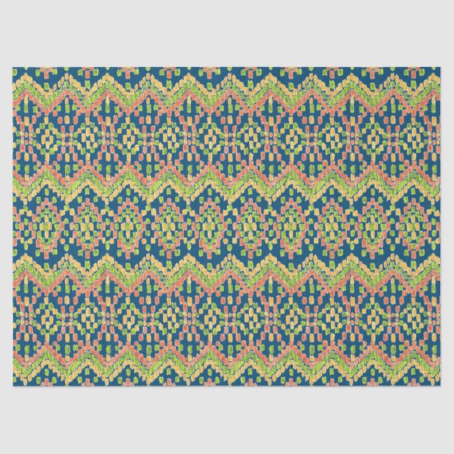 Chic Exotic Ethnic Ikat-Muster auf blau Seidenpapier (Vorderseite)