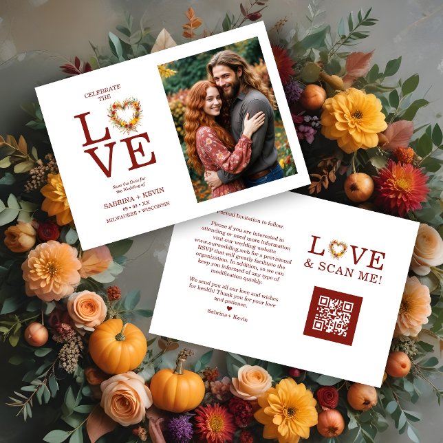 Chic Exquisite Love Quote Fall Floral Heart-Shape  Save The Date (Chic Exquisite Love Quote Fall Floral Heart-Shape Wreath Photo Wedding Save the Dates Cards.)
