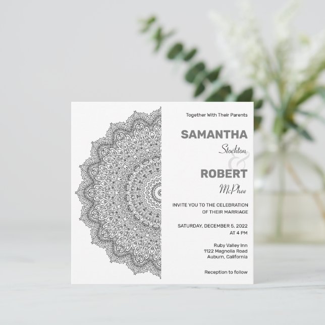 Chic Faire-part de mariage Mandala noir et blanc (Debout devant)