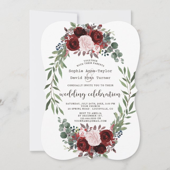 Chic Fall Burgundy Marsala Floral Wreath Wedding Einladung (Vorderseite)