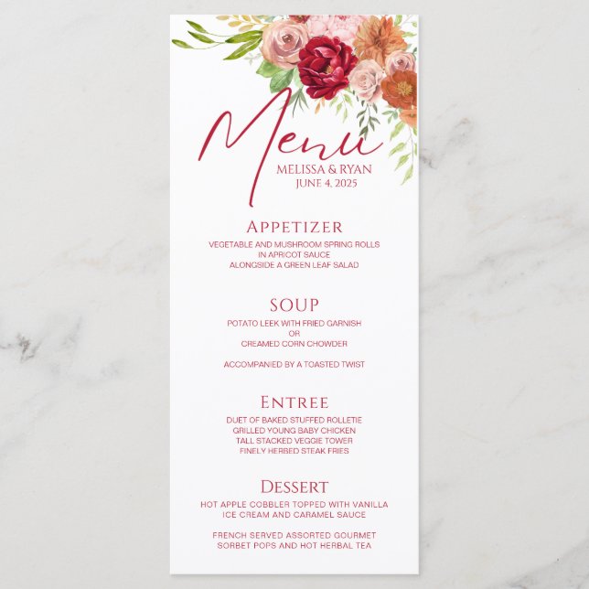 Chic Fall in Liebe Marsala Party-Menüvorlage Menükarte (Vorderseite)