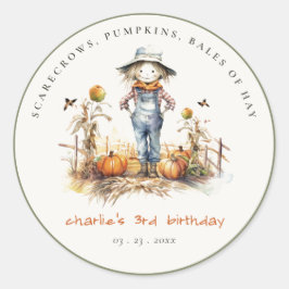 Chic Fall Pumpkin Scarecrow Harvest Kindergeburtst Runder Aufkleber