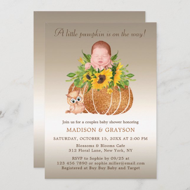 Chic Fall Sunflower Couples Baby shower Invitation (Devant / Derrière)