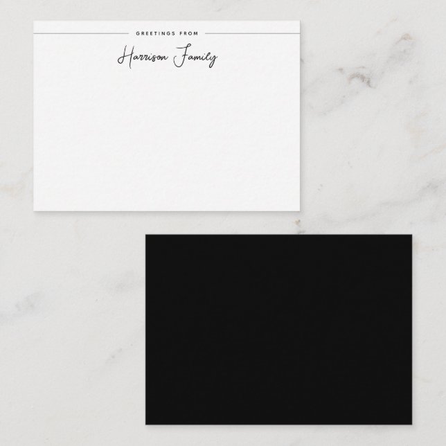 Chic Familienname einfache Skriptkalligrafie Black Mitteilungskarte (Vorne/Hinten)