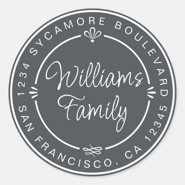 Chic Family Monogram Rücksendeadresse Black Runder Aufkleber (Vorderseite)