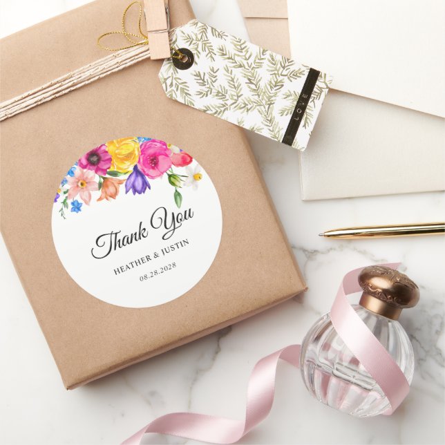 Chic farbenfrohe helle Wildblumen Hochzeit danke Runder Aufkleber (Schenken)