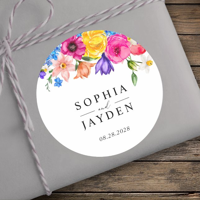Chic farbenfrohe Wildblumen Hochzeit Monogramm Runder Aufkleber (Von Creator hochgeladen)