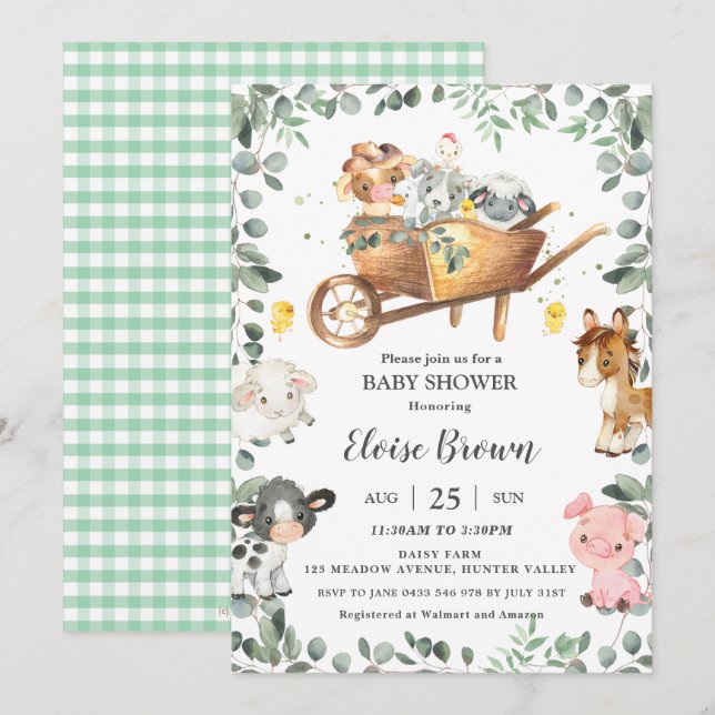 Chic Farm Animals Barnyard Greenery Baby Shower I Einladung (Vorne/Hinten)