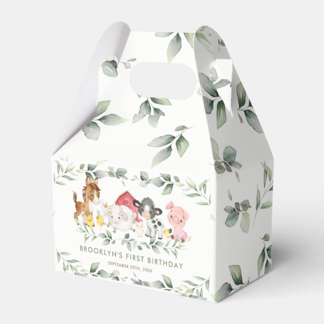 Chic Farm Animals Barnyard Grüne 1. Geburtstag Geschenkschachtel (Vorderseite)