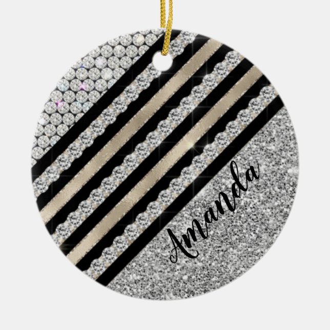 Chic faux Crystal and Silver glitter Personalised Keramik Ornament (Vorne)