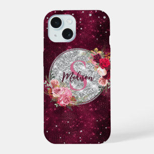 Chic faux paillettes argent monogramme floral bord