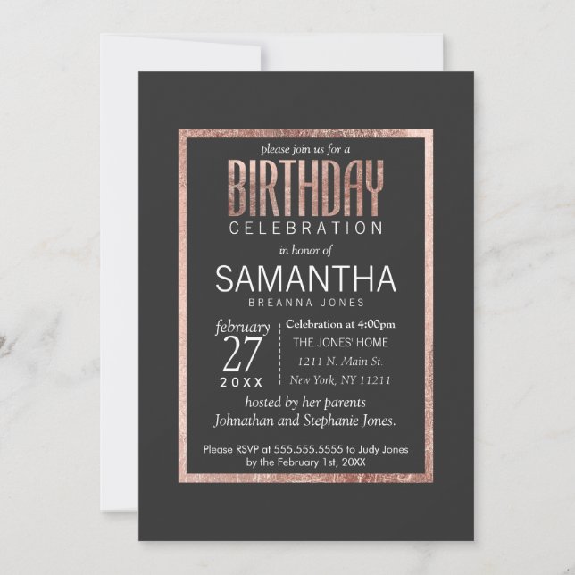 Chic Faux Rose Gold Anniversaire Invitations (Devant)