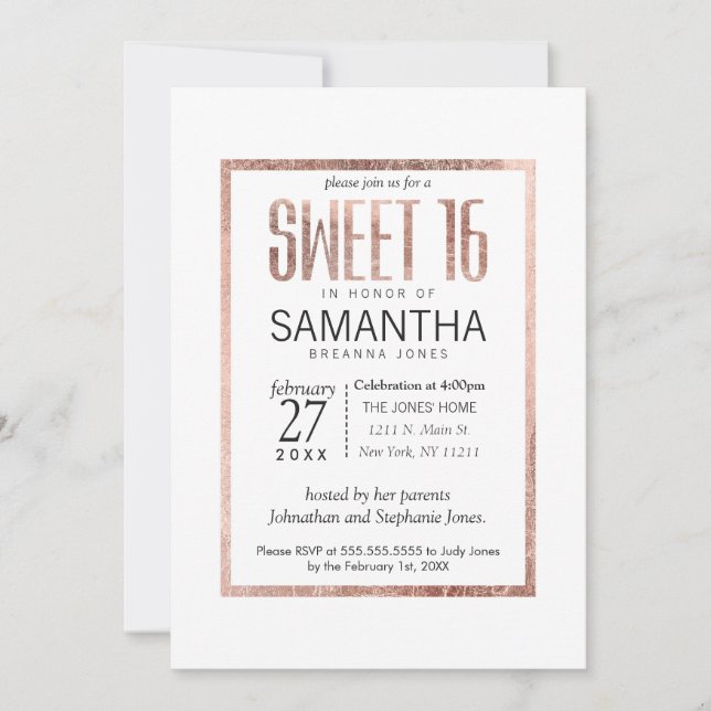 Chic Faux Rose Gold Sweet 16 Invitations (Devant)