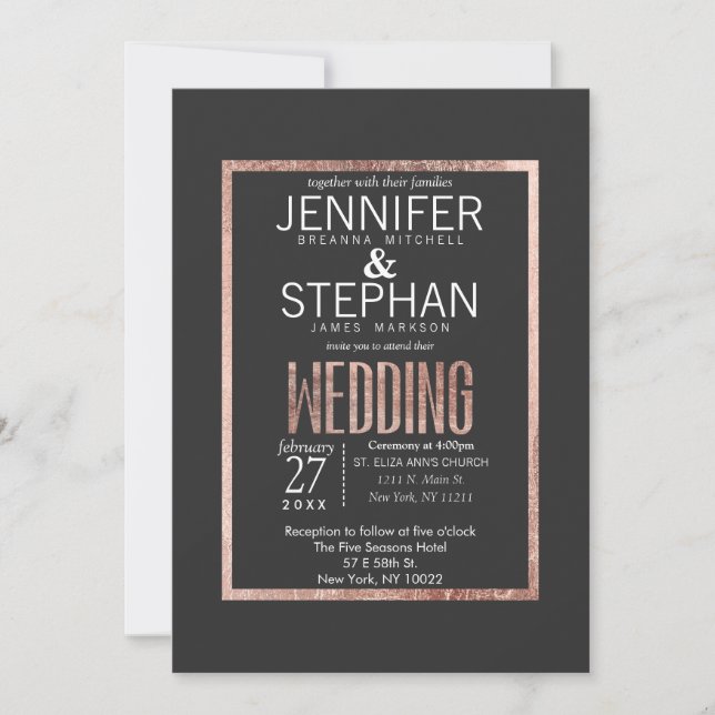 Chic Faux Roses - Invitations au mariage d'or (Devant)